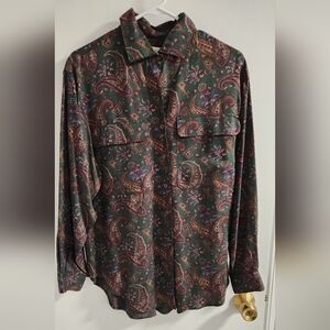 Lands End Ladies Green Paisley Button-Up Shirt Jacket,.size 10
